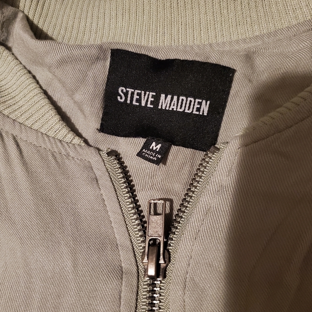 Steve Madden Women's Med Oilve Green Full Zip Mock Neck Bomber Jacket Waist Tie - Picture 6 of 6